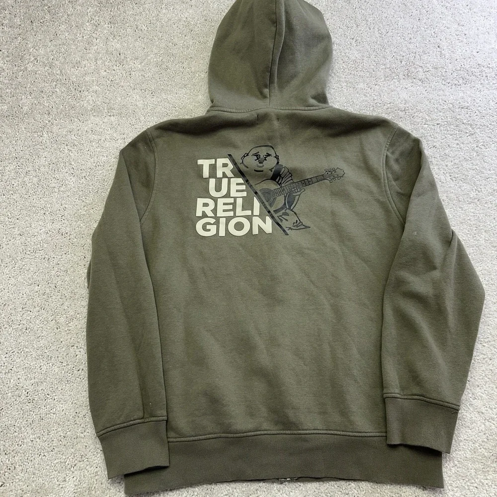True Religion Men's Green Fleece Full Zip Hoodie Graphic Print Size Large